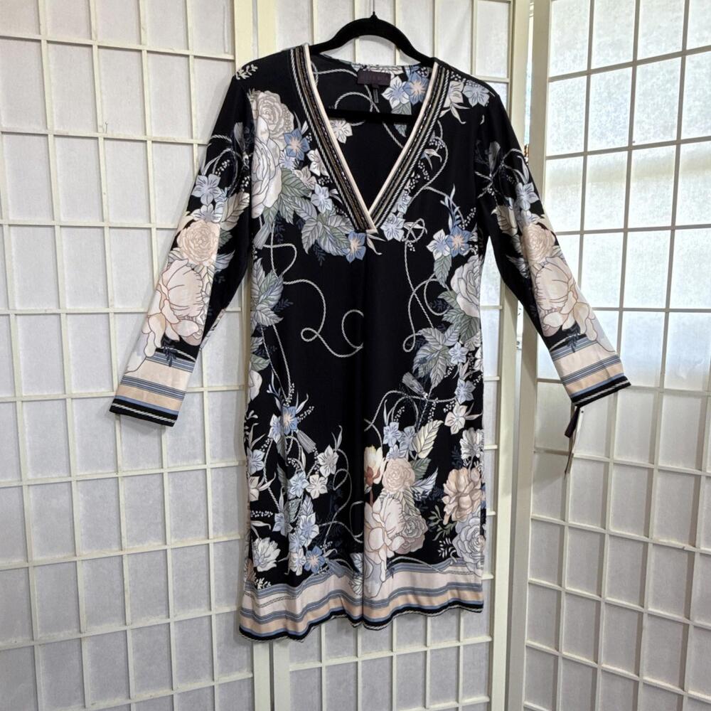 Hale Bob Black Floral Dress with Blue and Cream Accents